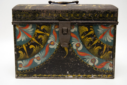 Rare Berlinware Early American Paint Decorated Document Box Blue Ground Connecticut Rare Berlinware Early American Paint Decorated Document Box Blue Ground Connecticut