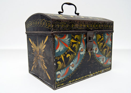 Rare Berlinware Early American Paint Decorated Document Box Blue Ground Connecticut Rare Berlinware Early American Paint Decorated Document Box Blue Ground Connecticut