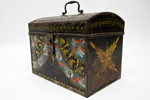 Rare Berlinware Early American Paint Decorated Document Box Blue Ground Connecticut Rare Berlinware Early American Paint Decorated Document Box Blue Ground Connecticut