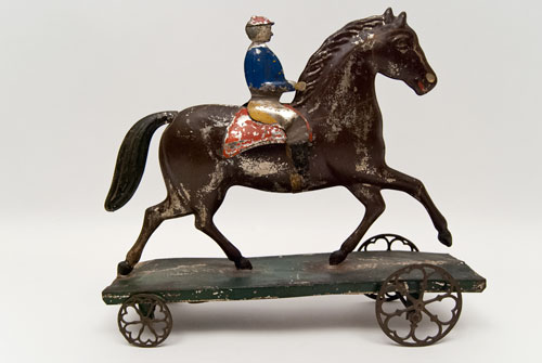 Early American Tin Horse and Rider Bell Toy Antique Pull Toy Althoff Bergmann For Sale Early American Tin Horse and Rider Bell Toy Antique Pull Toy Althoff Bergmann For Sale