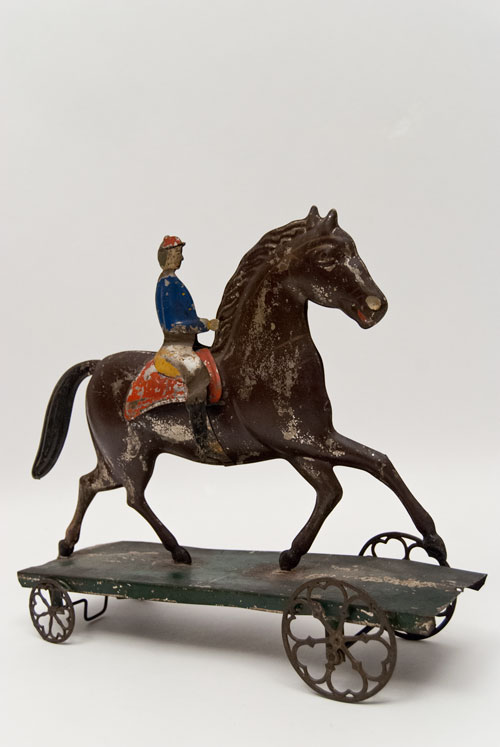 Early American Tin Horse and Rider Bell Toy Antique Pull Toy Althoff Bergmann For Sale Early American Tin Horse and Rider Bell Toy Antique Pull Toy Althoff Bergmann For Sale