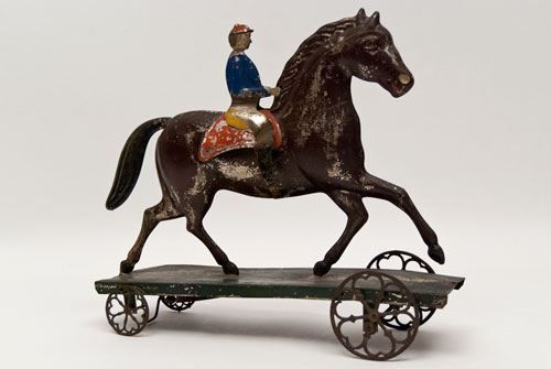 Early American Tin Horse and Rider Bell Toy Antique Pull Toy Althoff Bergmann For Sale Early American Tin Horse and Rider Bell Toy Antique Pull Toy Althoff Bergmann For Sale