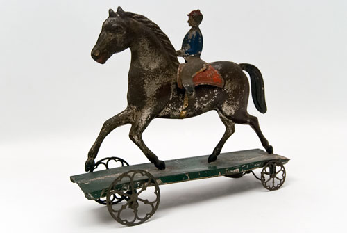 Early American Tin Horse and Rider Bell Toy Antique Pull Toy Althoff Bergmann For Sale Early American Tin Horse and Rider Bell Toy Antique Pull Toy Althoff Bergmann For Sale