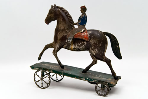 Early American Tin Horse and Rider Bell Toy Antique Pull Toy Althoff Bergmann For Sale Early American Tin Horse and Rider Bell Toy Antique Pull Toy Althoff Bergmann For Sale