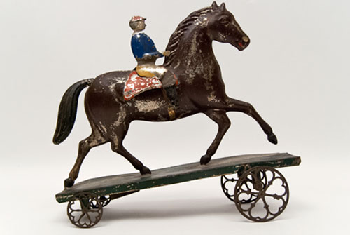 Early American Tin Horse and Rider Bell Toy Antique Pull Toy Althoff Bergmann For Sale Early American Tin Horse and Rider Bell Toy Antique Pull Toy Althoff Bergmann For Sale