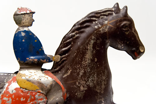 Early American Tin Horse and Rider Bell Toy Antique Pull Toy Althoff Bergmann For Sale Early American Tin Horse and Rider Bell Toy Antique Pull Toy Althoff Bergmann For Sale