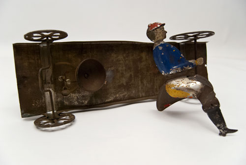 Early American Tin Horse and Rider Bell Toy Antique Pull Toy Althoff Bergmann For Sale Early American Tin Horse and Rider Bell Toy Antique Pull Toy Althoff Bergmann For Sale