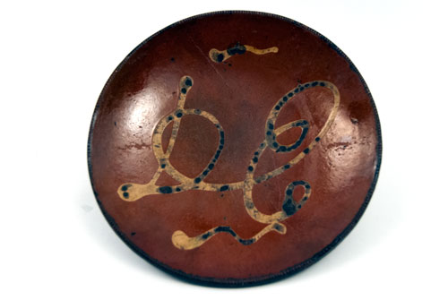 Redware Yellow Slip Decorated Plate with letters initials DE Antique Country Primitive Redware Yellow Slip Decorated Plate with letters initials DE Antique Country Primitive