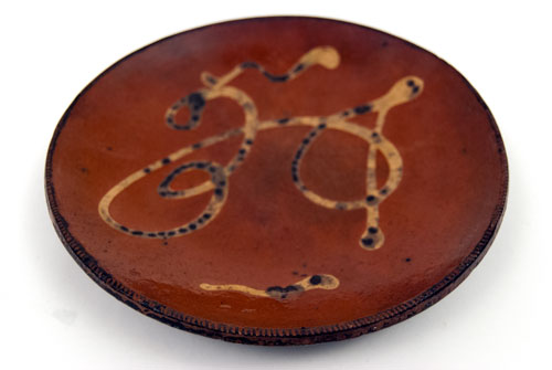 Redware Yellow Slip Decorated Plate with letters initials DE Antique Country Primitive Redware Yellow Slip Decorated Plate with letters initials DE Antique Country Primitive