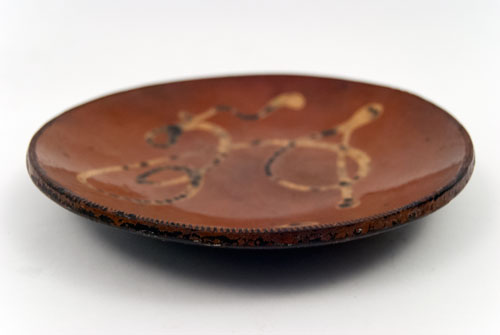 Redware Yellow Slip Decorated Plate with letters initials DE Antique Country Primitive Redware Yellow Slip Decorated Plate with letters initials DE Antique Country Primitive