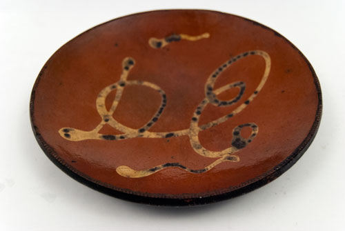 Redware Yellow Slip Decorated Plate with letters initials DE Antique Country Primitive Redware Yellow Slip Decorated Plate with letters initials DE Antique Country Primitive