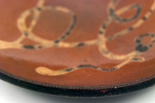 Redware Yellow Slip Decorated Plate with letters initials DE Antique Country Primitive Redware Yellow Slip Decorated Plate with letters initials DE Antique Country Primitive