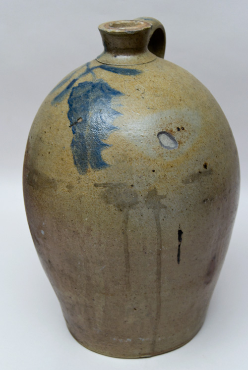 Large Antique Ovoid Stoneware Jug with Blue Freehand Decoration, Incluing Striped Handle, Large Wisteria Flower, Inscribed No. 5 Large Antique Ovoid Stoneware Jug with Blue Freehand Decoration, Incluing Striped Handle, Large Wisteria Flower, Inscribed No. 5