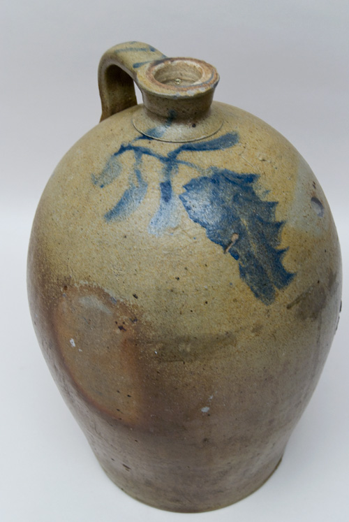 Large Antique Ovoid Stoneware Jug with Blue Freehand Decoration, Incluing Striped Handle, Large Wisteria Flower, Inscribed No. 5 Large Antique Ovoid Stoneware Jug with Blue Freehand Decoration, Incluing Striped Handle, Large Wisteria Flower, Inscribed No. 5