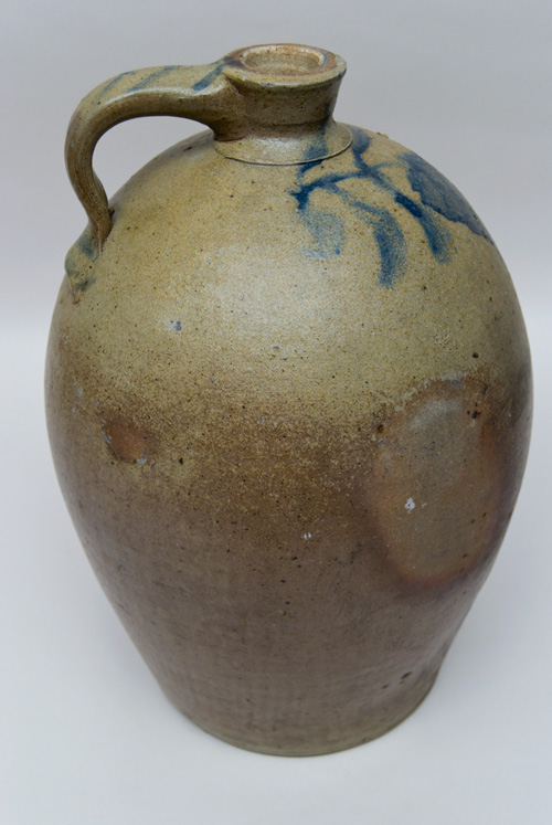 Large Antique Ovoid Stoneware Jug with Blue Freehand Decoration, Incluing Striped Handle, Large Wisteria Flower, Inscribed No. 5 Large Antique Ovoid Stoneware Jug with Blue Freehand Decoration, Incluing Striped Handle, Large Wisteria Flower, Inscribed No. 5