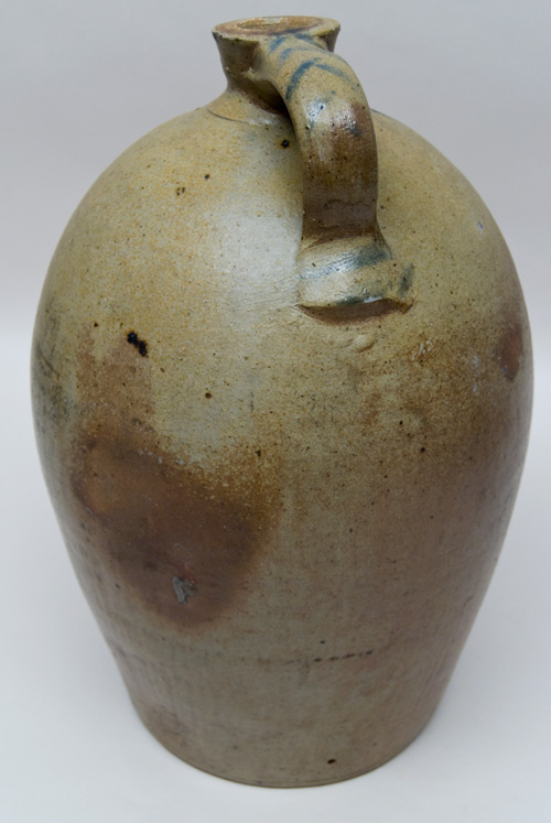 Large Antique Ovoid Stoneware Jug with Blue Freehand Decoration, Incluing Striped Handle, Large Wisteria Flower, Inscribed No. 5 Large Antique Ovoid Stoneware Jug with Blue Freehand Decoration, Incluing Striped Handle, Large Wisteria Flower, Inscribed No. 5