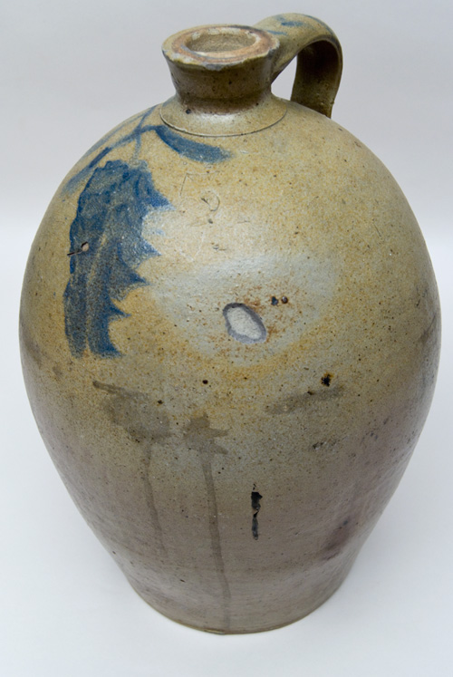 Large Antique Ovoid Stoneware Jug with Blue Freehand Decoration, Incluing Striped Handle, Large Wisteria Flower, Inscribed No. 5 Large Antique Ovoid Stoneware Jug with Blue Freehand Decoration, Incluing Striped Handle, Large Wisteria Flower, Inscribed No. 5