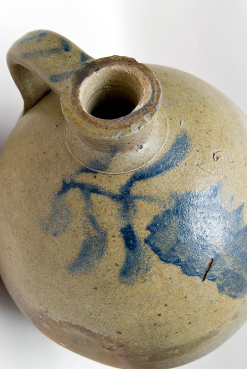 Large Antique Ovoid Stoneware Jug with Blue Freehand Decoration, Incluing Striped Handle, Large Wisteria Flower, Inscribed No. 5 Large Antique Ovoid Stoneware Jug with Blue Freehand Decoration, Incluing Striped Handle, Large Wisteria Flower, Inscribed No. 5