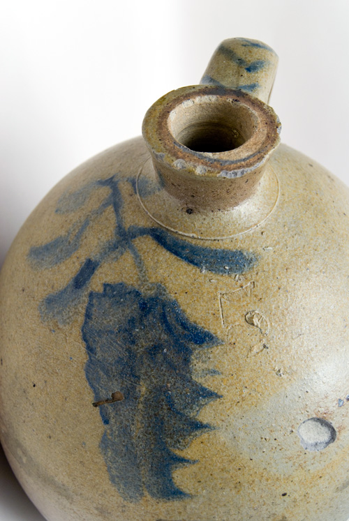 Large Antique Ovoid Stoneware Jug with Blue Freehand Decoration, Incluing Striped Handle, Large Wisteria Flower, Inscribed No. 5 Large Antique Ovoid Stoneware Jug with Blue Freehand Decoration, Incluing Striped Handle, Large Wisteria Flower, Inscribed No. 5