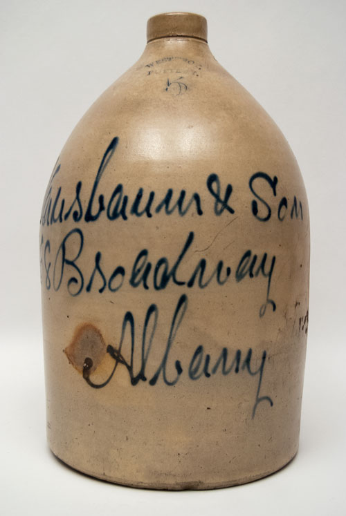 Signed West Troy Pottery Cobalt Decorated New York Stoneware Script Jug from Nausbaum and Son, Albany NY Signed West Troy Pottery Cobalt Decorated New York Stoneware Script Jug from Nausbaum and Son, Albany NY