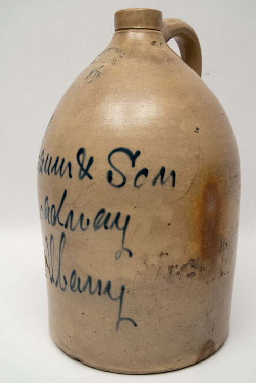 Signed West Troy Pottery Cobalt Decorated New York Stoneware Script Jug from Nausbaum and Son, Albany NY Signed West Troy Pottery Cobalt Decorated New York Stoneware Script Jug from Nausbaum and Son, Albany NY