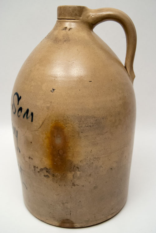 Signed West Troy Pottery Cobalt Decorated New York Stoneware Script Jug from Nausbaum and Son, Albany NY Signed West Troy Pottery Cobalt Decorated New York Stoneware Script Jug from Nausbaum and Son, Albany NY