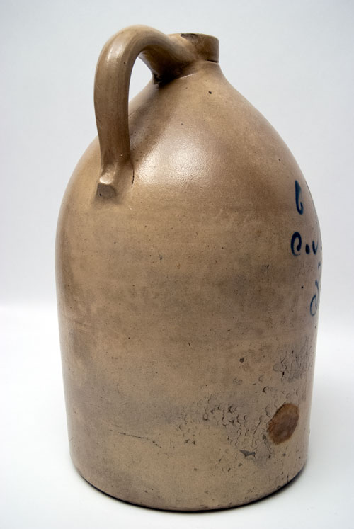 Signed West Troy Pottery Cobalt Decorated New York Stoneware Script Jug from Nausbaum and Son, Albany NY Signed West Troy Pottery Cobalt Decorated New York Stoneware Script Jug from Nausbaum and Son, Albany NY