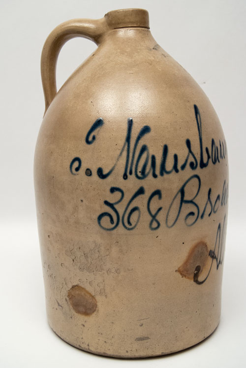 Signed West Troy Pottery Cobalt Decorated New York Stoneware Script Jug from Nausbaum and Son, Albany NY Signed West Troy Pottery Cobalt Decorated New York Stoneware Script Jug from Nausbaum and Son, Albany NY