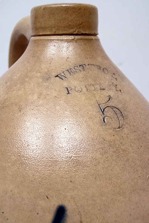 Signed West Troy Pottery Cobalt Decorated New York Stoneware Script Jug from Nausbaum and Son, Albany NY Signed West Troy Pottery Cobalt Decorated New York Stoneware Script Jug from Nausbaum and Son, Albany NY