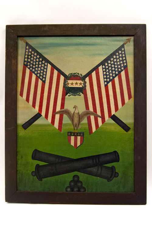 Patriotic GAR Oil on Canvas with Eagle, Flags, and Cannons: Antique American Folk Art Painting
Patriotic GAR Oil on Canvas with Eagle, Flags, and Cannons: Antique American Folk Art Painting