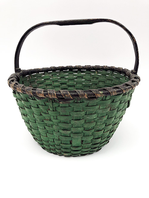 Original Green and Black Paint Decorated Antique Country Primitive American Splint Woven Gathering Basket For Sale Original Green and Black Paint Decorated Antique Country Primitive American Splint Woven Gathering Basket For Sale