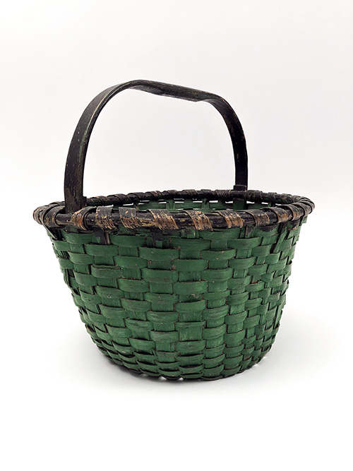 Original Green and Black Paint Decorated Antique Country Primitive American Splint Woven Gathering Basket For Sale Original Green and Black Paint Decorated Antique Country Primitive American Splint Woven Gathering Basket For Sale