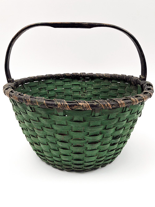 Original Green and Black Paint Decorated Antique Country Primitive American Splint Woven Gathering Basket For Sale Original Green and Black Paint Decorated Antique Country Primitive American Splint Woven Gathering Basket For Sale