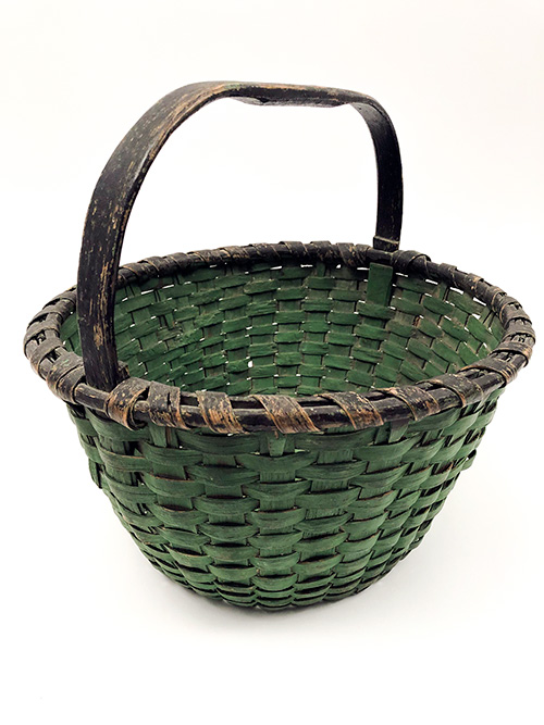 Original Green and Black Paint Decorated Antique Country Primitive American Splint Woven Gathering Basket For Sale Original Green and Black Paint Decorated Antique Country Primitive American Splint Woven Gathering Basket For Sale