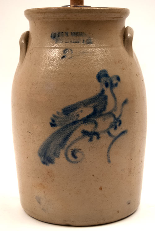 J.A. and C.W. Underwood 2 Gallon Cobalt Blue Freehand Decoarted Churn with Bird on Branch for Sale J.A. and C.W. Underwood 2 Gallon Cobalt Blue Freehand Decoarted Churn with Bird on Branch for Sale