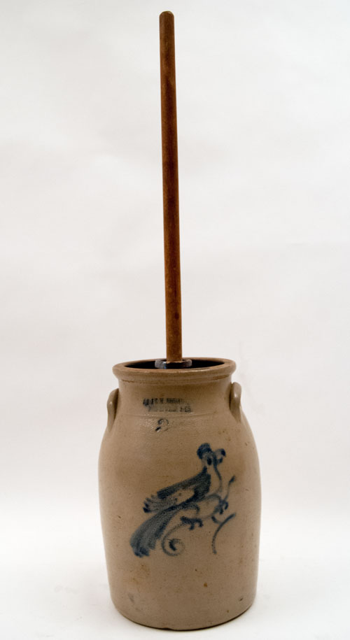 J.A. and C.W. Underwood 2 Gallon Cobalt Blue Freehand Decoarted Churn with Bird on Branch for Sale J.A. and C.W. Underwood 2 Gallon Cobalt Blue Freehand Decoarted Churn with Bird on Branch for Sale