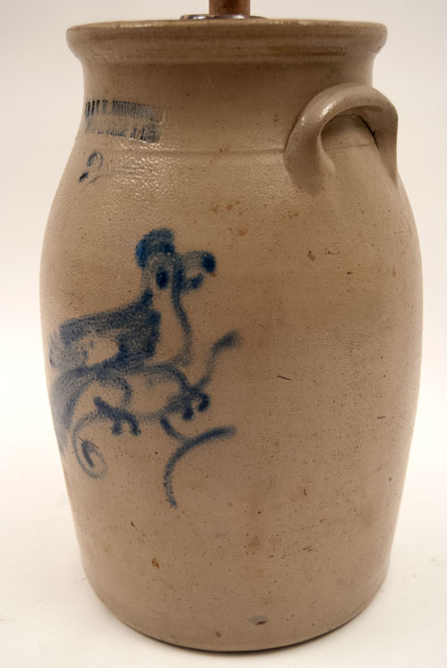J.A. and C.W. Underwood 2 Gallon Cobalt Blue Freehand Decoarted Churn with Bird on Branch for Sale J.A. and C.W. Underwood 2 Gallon Cobalt Blue Freehand Decoarted Churn with Bird on Branch for Sale