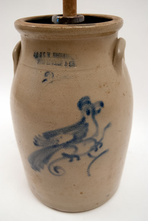 J.A. and C.W. Underwood 2 Gallon Cobalt Blue Freehand Decoarted Churn with Bird on Branch for Sale J.A. and C.W. Underwood 2 Gallon Cobalt Blue Freehand Decoarted Churn with Bird on Branch for Sale