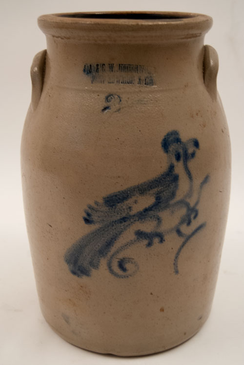J.A. and C.W. Underwood 2 Gallon Cobalt Blue Freehand Decoarted Churn with Bird on Branch for Sale J.A. and C.W. Underwood 2 Gallon Cobalt Blue Freehand Decoarted Churn with Bird on Branch for Sale
