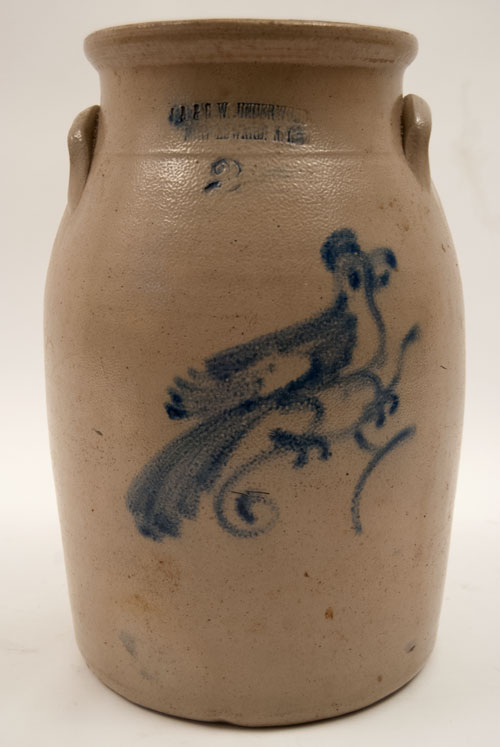 J.A. and C.W. Underwood 2 Gallon Cobalt Blue Freehand Decoarted Churn with Bird on Branch for Sale J.A. and C.W. Underwood 2 Gallon Cobalt Blue Freehand Decoarted Churn with Bird on Branch for Sale