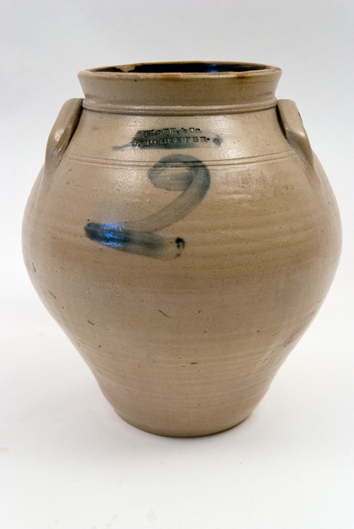 Early 19th Century Stoneware Ovoid Blue Decorated New York Jar Marked Clark Early 19th Century Stoneware Ovoid Blue Decorated New York Jar Marked Clark