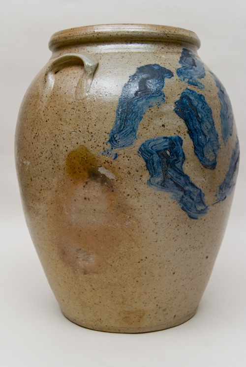 Large Antique American Stoneware Cyclone Decorated Cobalt Freehand Folk Art Storage Jar For Sale Large Antique American Stoneware Cyclone Decorated Cobalt Freehand Folk Art Storage Jar For Sale