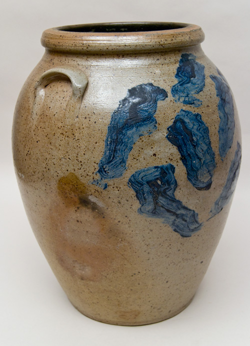 Large Antique American Stoneware Cyclone Decorated Cobalt Freehand Folk Art Storage Jar For Sale Large Antique American Stoneware Cyclone Decorated Cobalt Freehand Folk Art Storage Jar For Sale