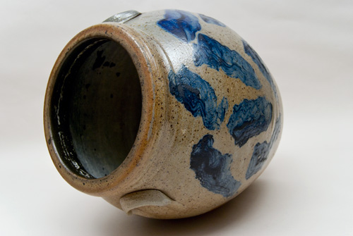 Large Antique American Stoneware Cyclone Decorated Cobalt Freehand Folk Art Storage Jar For Sale Large Antique American Stoneware Cyclone Decorated Cobalt Freehand Folk Art Storage Jar For Sale