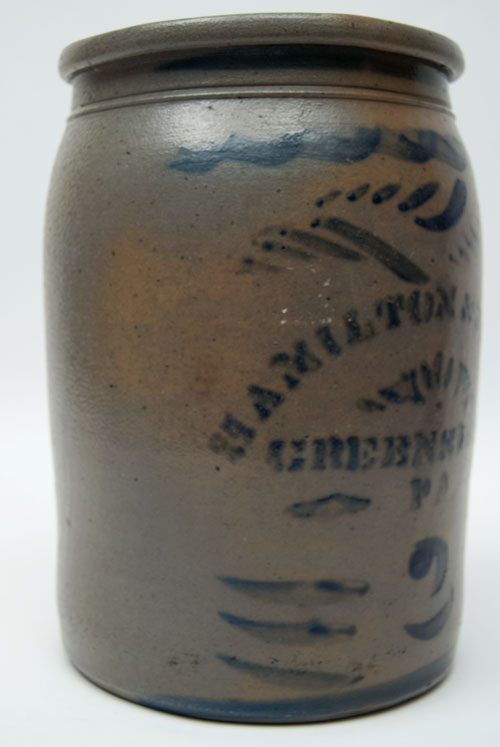 Hamilton and Jones Cobalt Decorated Early American Antique Stoneware For Sale: Salt Glazed Blue Stencil and Freehand Crock Greensboro Pennsylvania Hamilton and Jones Cobalt Decorated Early American Antique Stoneware For Sale: Salt Glazed Blue Stencil and Freehand Crock Greensboro Pennsylvania