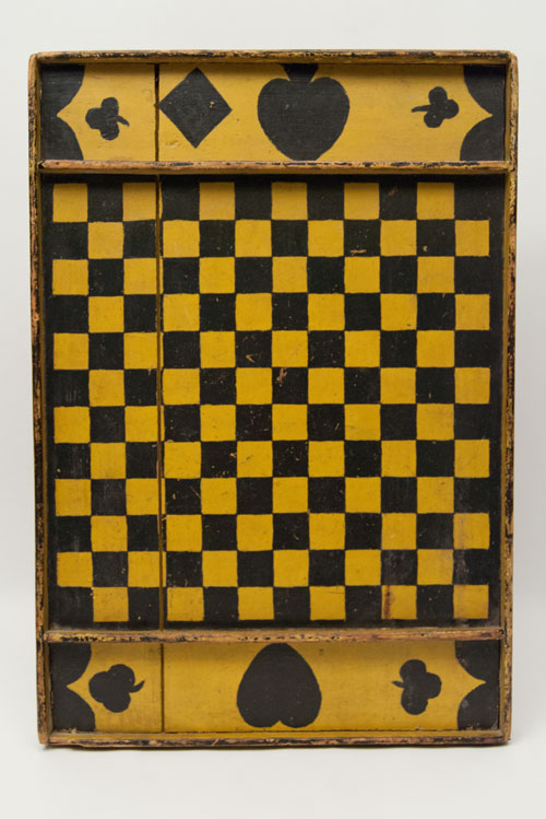 Double Sided Antique Folk Art Game Board in Black and Mustard Original Paint, New England 19th Century Double Sided Antique Folk Art Game Board in Black and Mustard Original Paint, New England 19th Century