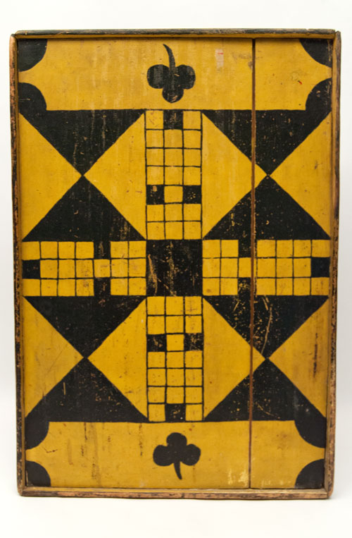 Double Sided Antique Folk Art Game Board in Black and Mustard Original Paint, New England 19th Century Double Sided Antique Folk Art Game Board in Black and Mustard Original Paint, New England 19th Century