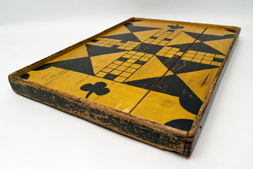 Double Sided Antique Folk Art Game Board in Black and Mustard Original Paint, New England 19th Century Double Sided Antique Folk Art Game Board in Black and Mustard Original Paint, New England 19th Century