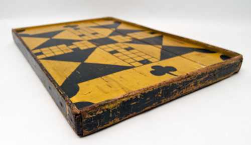 Double Sided Antique Folk Art Game Board in Black and Mustard Original Paint, New England 19th Century Double Sided Antique Folk Art Game Board in Black and Mustard Original Paint, New England 19th Century