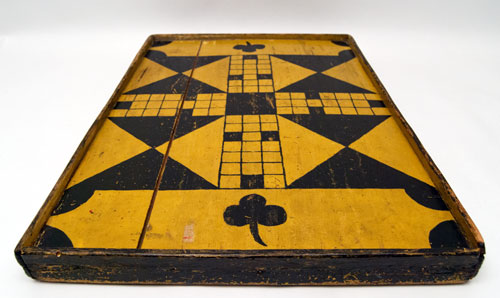 Double Sided Antique Folk Art Game Board in Black and Mustard Original Paint, New England 19th Century Double Sided Antique Folk Art Game Board in Black and Mustard Original Paint, New England 19th Century